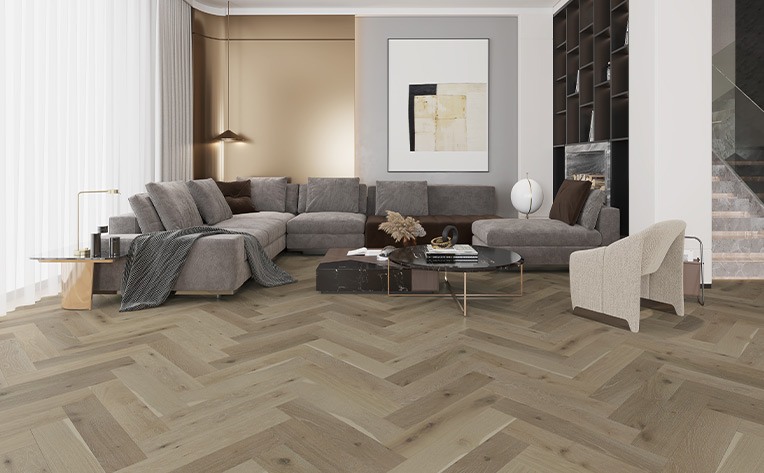 herringbone hardwood flooring in living room