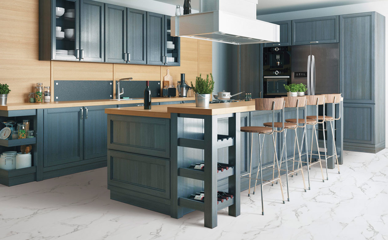 luxury vinyl tile flooring in kitchen with blue cabinetry.